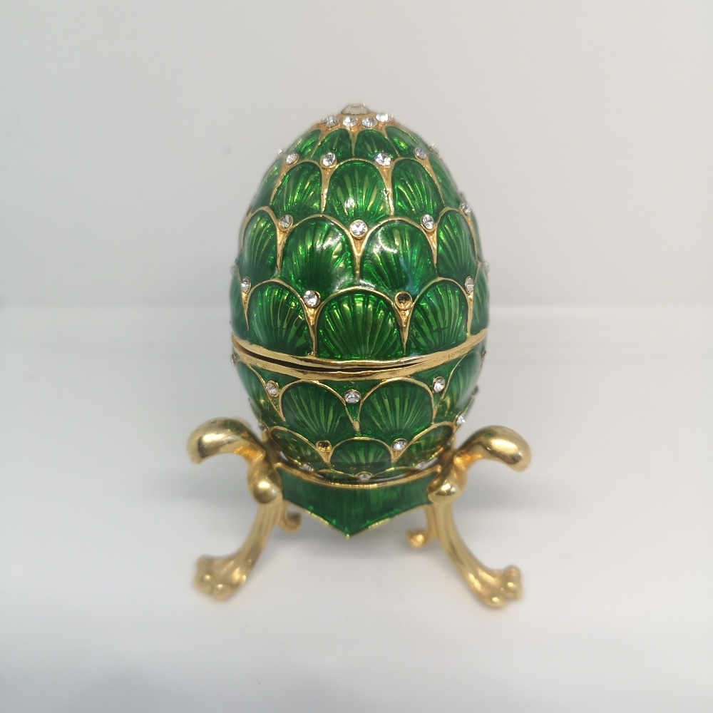 Green Gold Enameled 3" Hinged Egg Trinket/Jewellery Box With Matching Stand